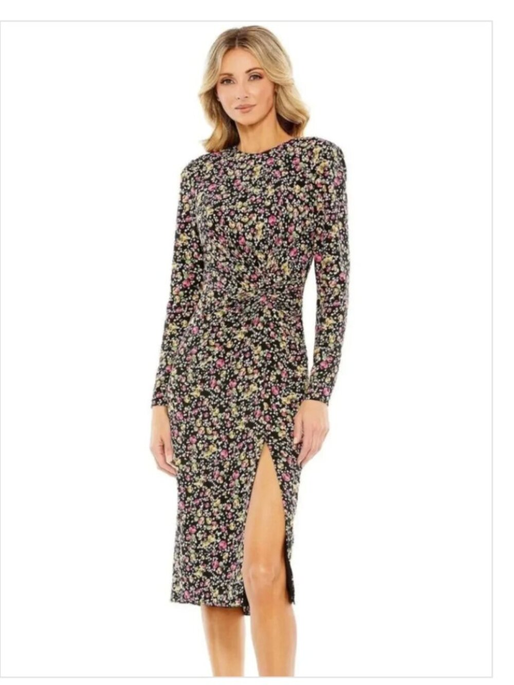 IEENA for Mac Duggal 26915 Dress Floral Long Sleeve Midi Faux Wrap Black NWT 2